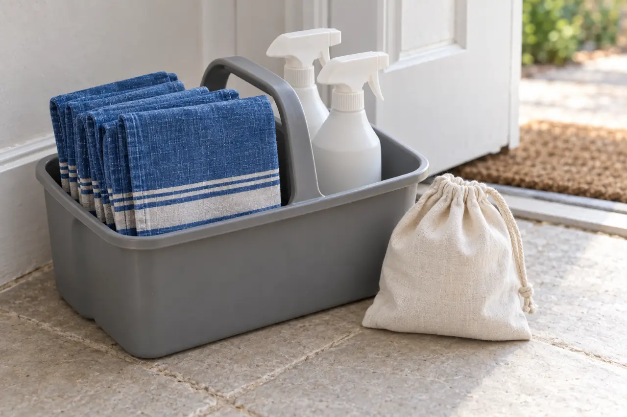 A caddy of folded blue tea towels by a half-open front door, with a white cotton bag for the bathroom cloths beside it.