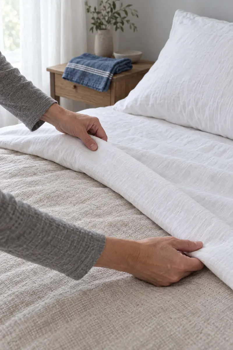 Two hands turning a white sheet down over a freshly made bed.