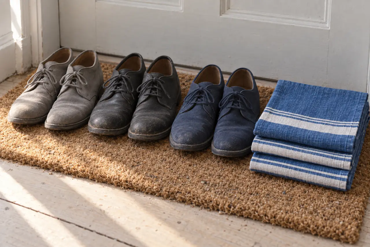 Three pairs of work shoes side by side on the mat inside a front door, beside a stack of folded blue tea towels.