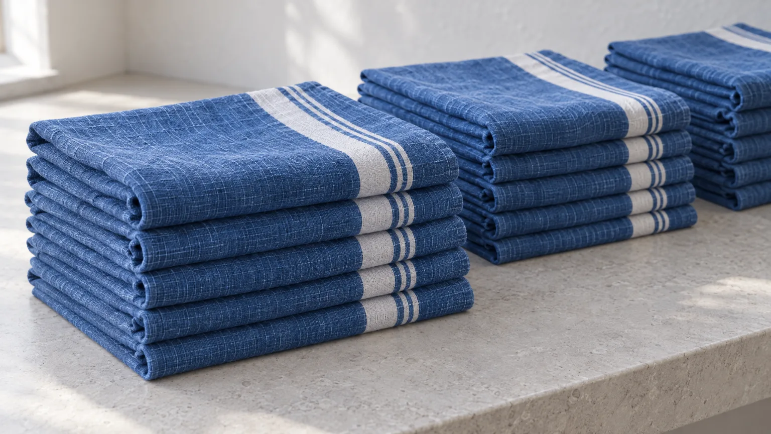 Stacks of folded French-blue linen tea towels with white stripes on a pale limestone bench in morning light.