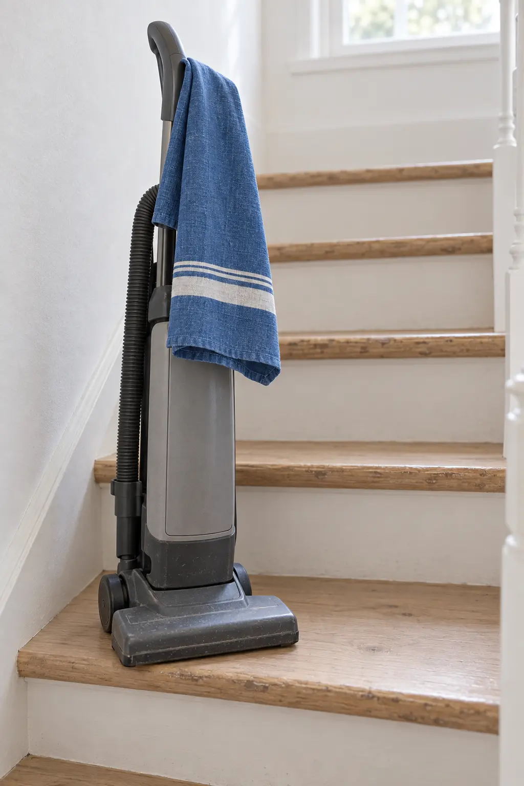 A vacuum resting on a timber stair with a blue tea towel folded over its handle.