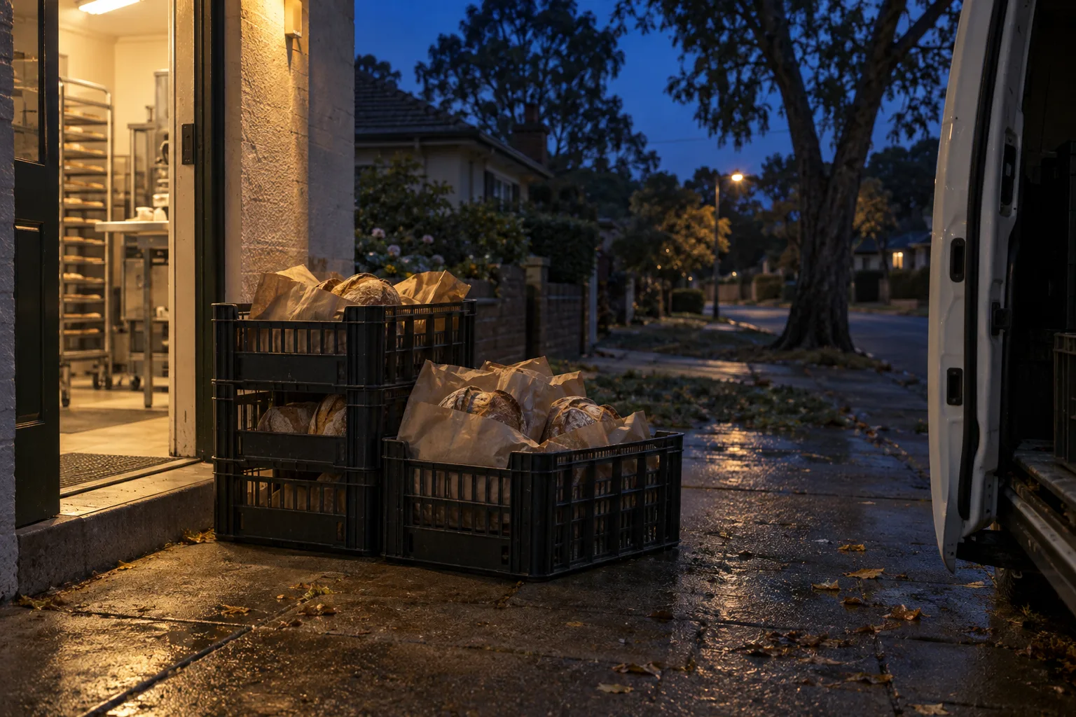 Crates of bagged loaves by an open van door in the blue before dawn