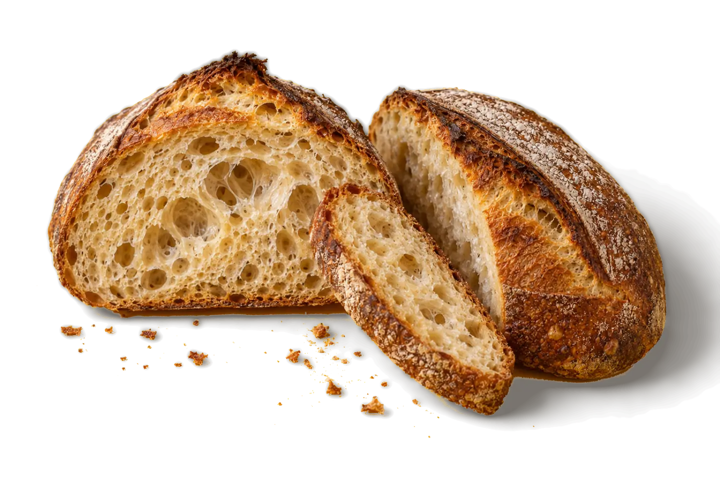 The same loaf cut in half, its crumb open and glossy in the middle and tight under the crust