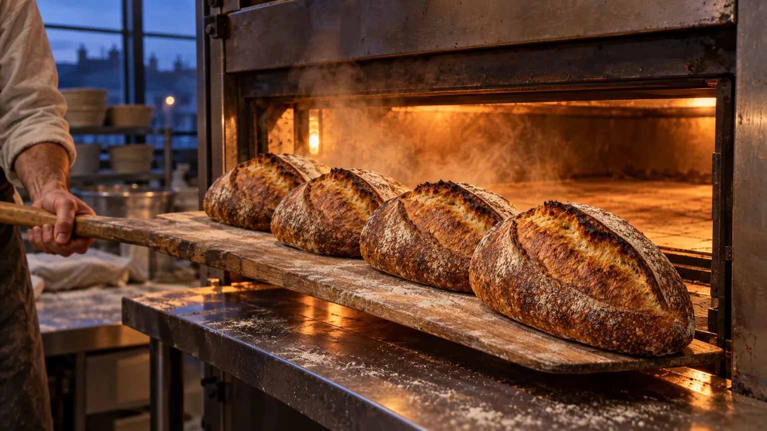 A deck oven open before dawn, a peel drawing out four dark batards in a plume of steam