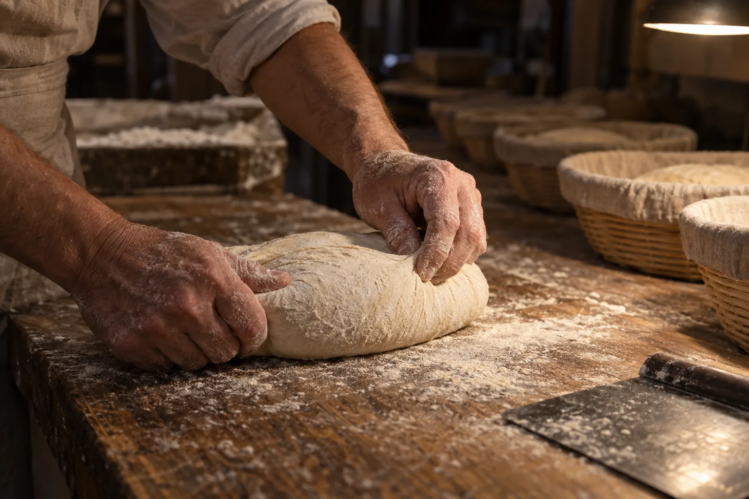 Floured hands tightening the skin of a batard on a timber bench at night