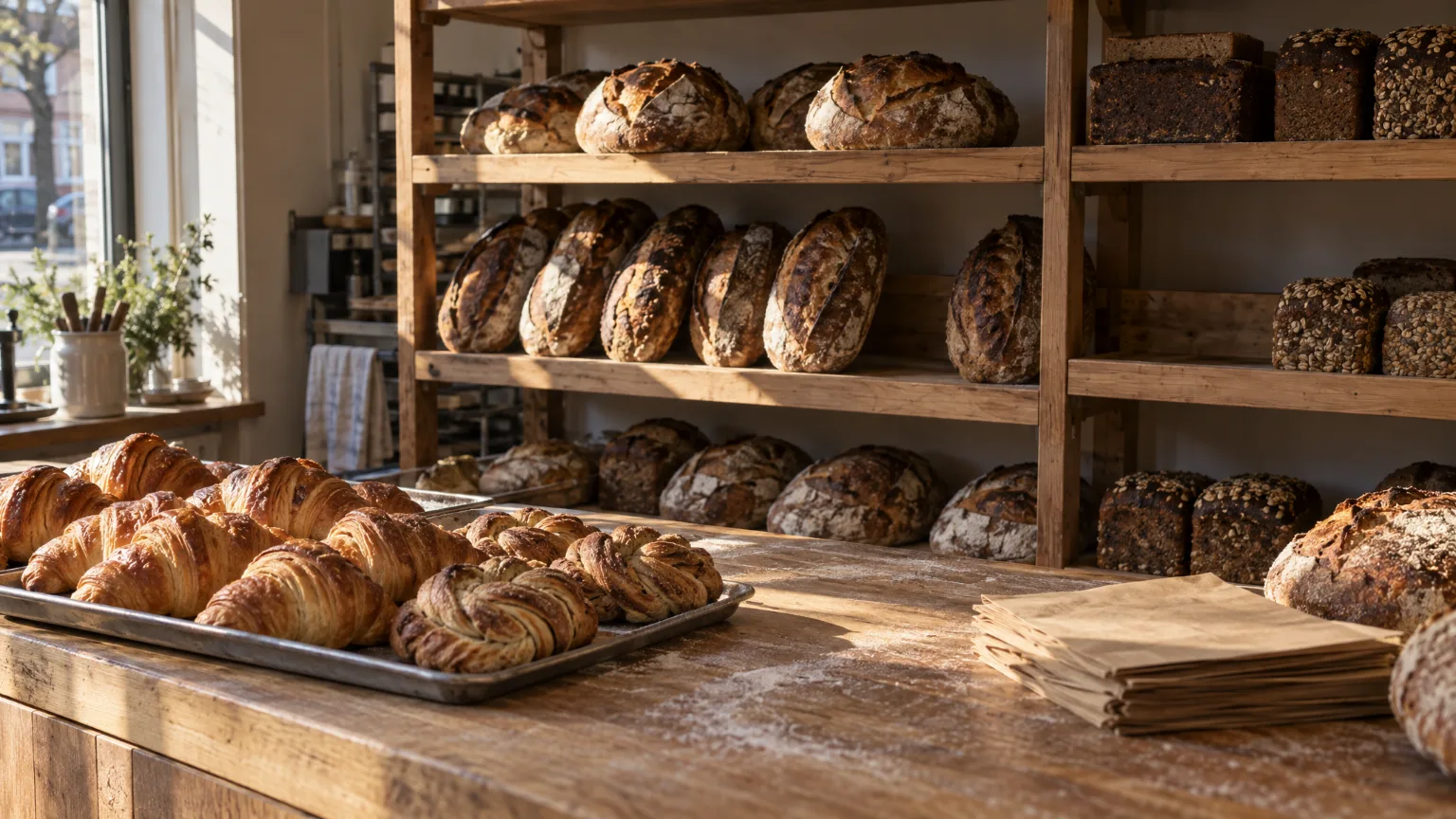Timber shelves of batards, rye tins and seeded loaves in early sun, a tray of croissants and cardamom knots below
