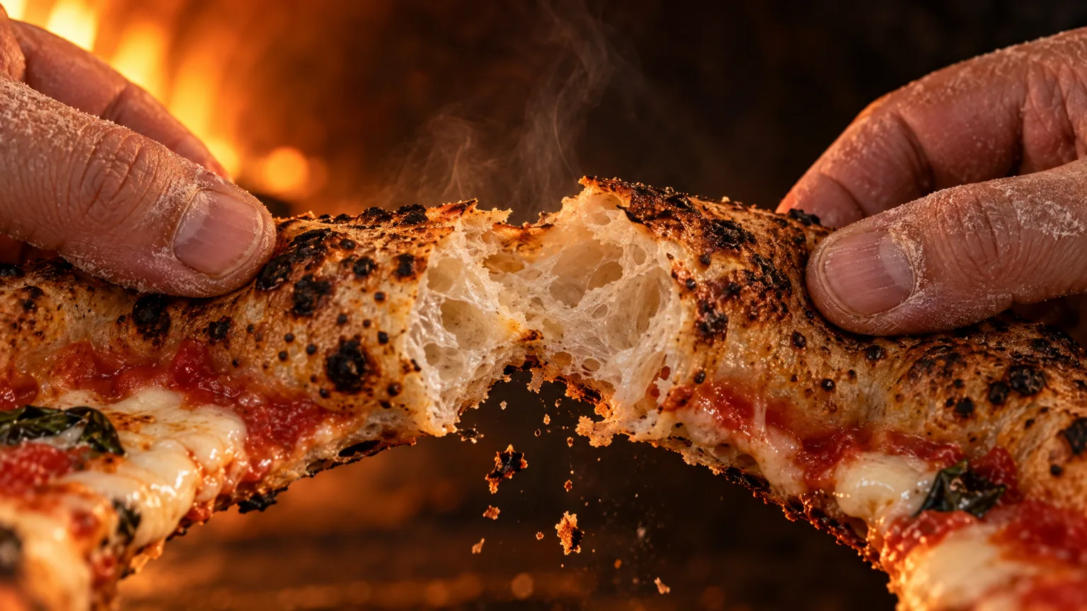 Hands tearing the blistered rim of a pizza open, steam rising from the airy crumb inside