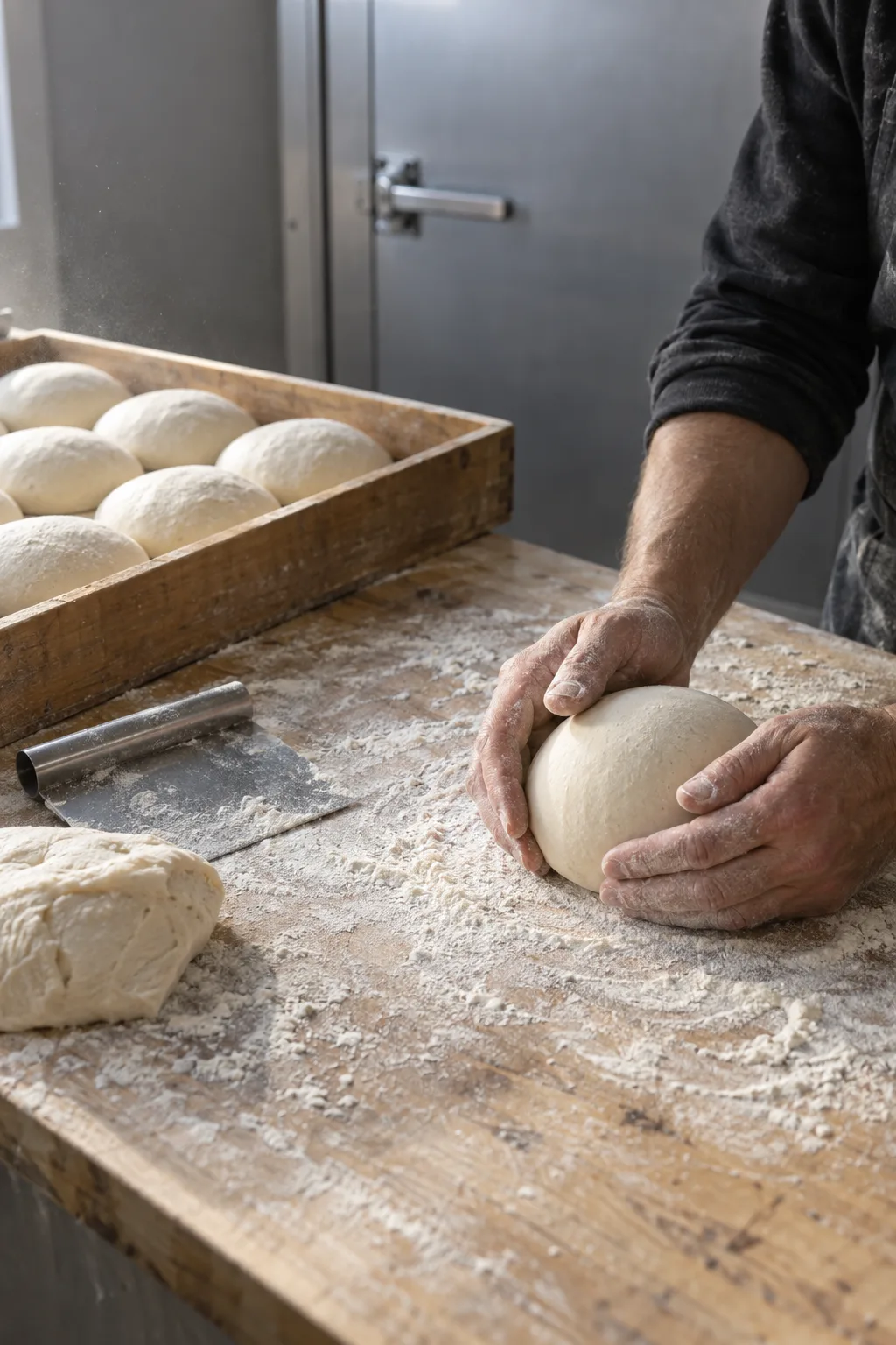 Floured hands rounding a ball of dough on a timber bench, a tray of resting dough balls beside them