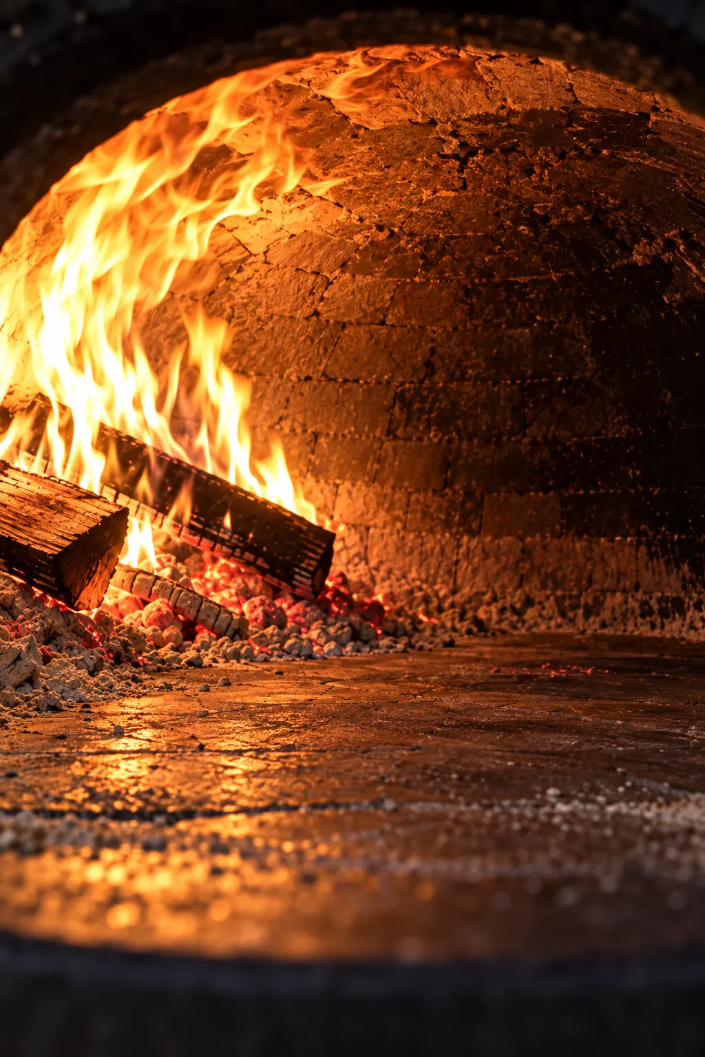 Flames licking up the inside of the brick dome, the bricks near the fire burnt pale and the far side still sooty