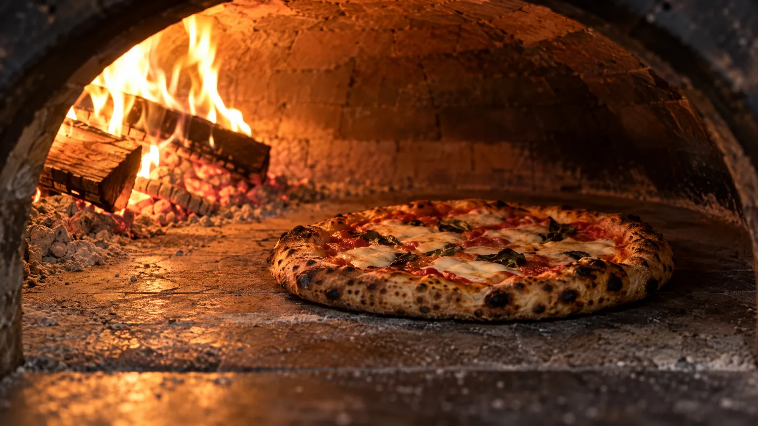 A blistered margherita on the floor of a brick oven, a wood fire burning at the back left of the dome