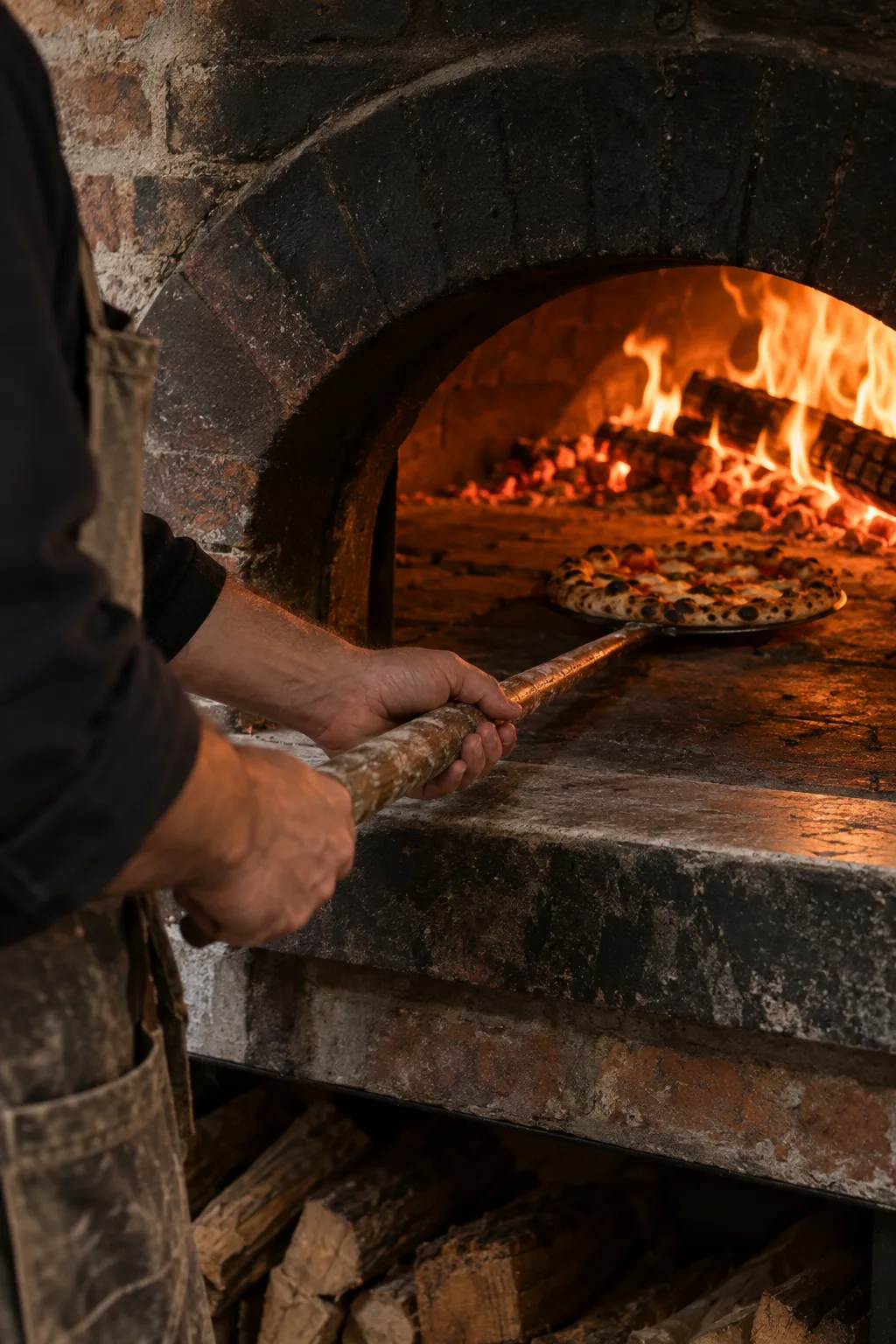 A cook's hands on the long peel, turning a pizza inside the glowing oven mouth