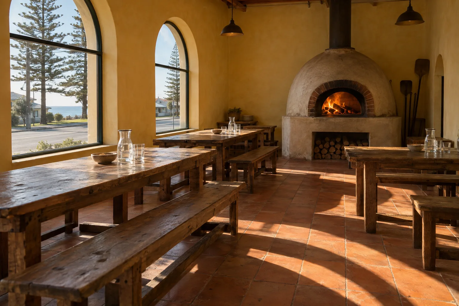 The dining room before opening: long timber tables, arched windows onto the pines, the oven glowing at the far end