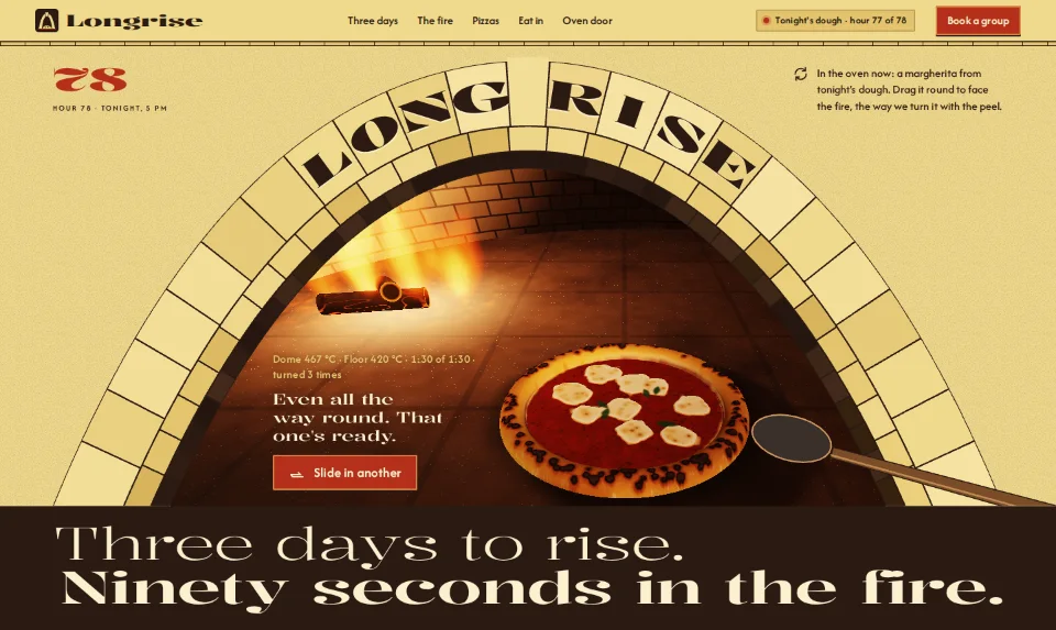 The front page: a pizza baking in a brick oven mouth, the name Longrise cut into the arch's bricks