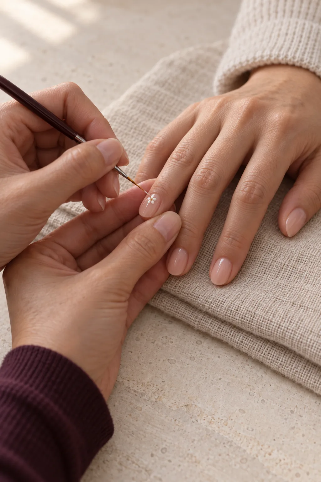 A fine brush laying a small dotted flower on a milky nude nail, the client's hand resting on linen over limestone