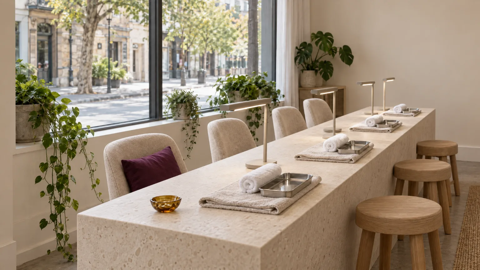 One long pale limestone table along a tall window, eight places set with linen, steel trays and lamps