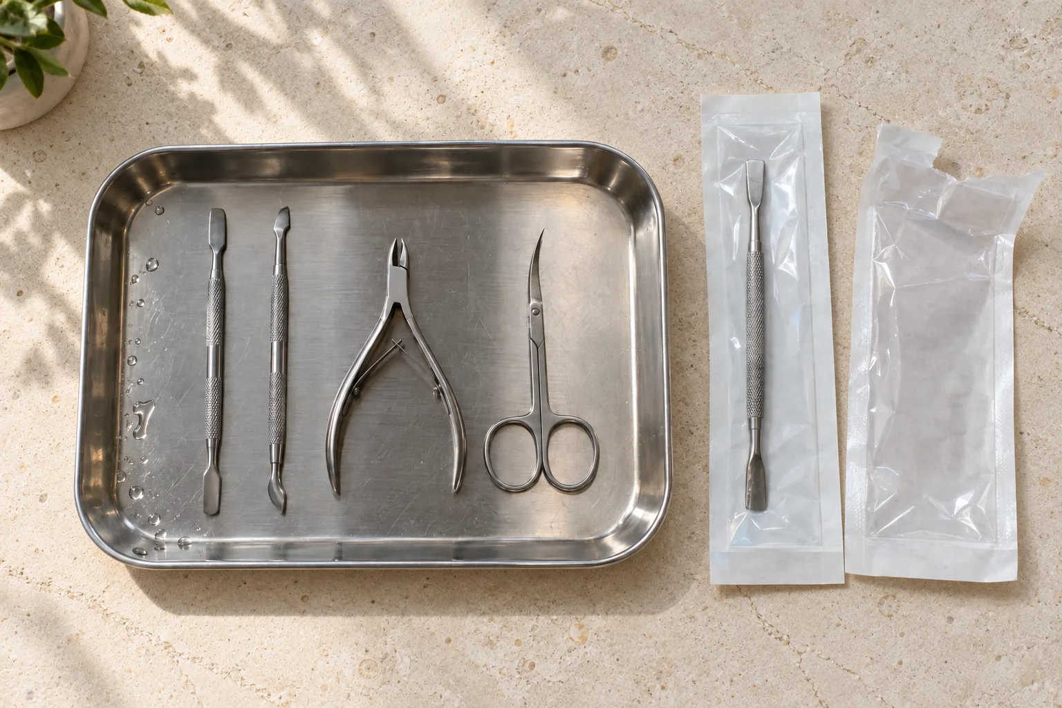 Steel cuticle pushers, nippers and scissors laid in a steel tray on limestone, beside a sealed pouch and an opened one
