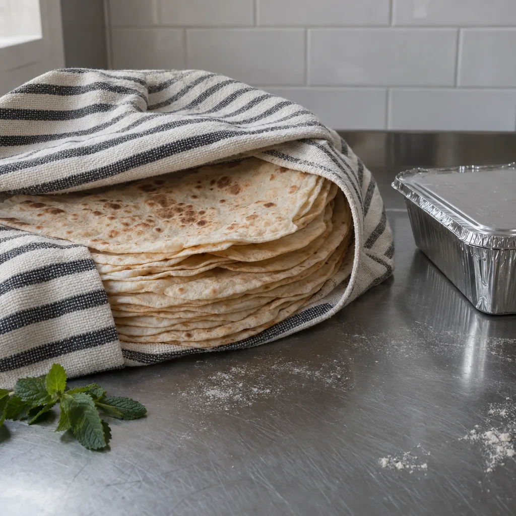 Flatbread stacked in a striped cotton cloth beside a lidded foil tray
