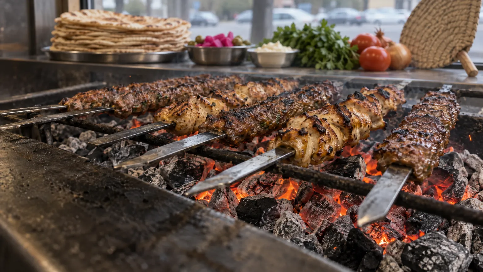Skewers of kafta and shish tawook over a trough of glowing charcoal at the front window, flatbread, pickled turnips and a woven hand fan on the shelf behind