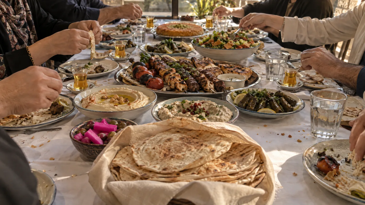 A long feast table seen from the head seat, hands passing bread, skewers and mezze