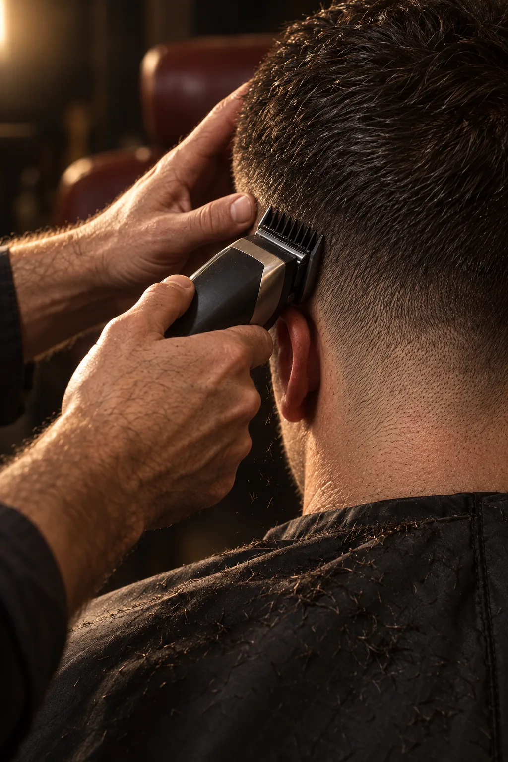 A barber's hands running a clipper up the back of the head, cut hair falling onto the cape