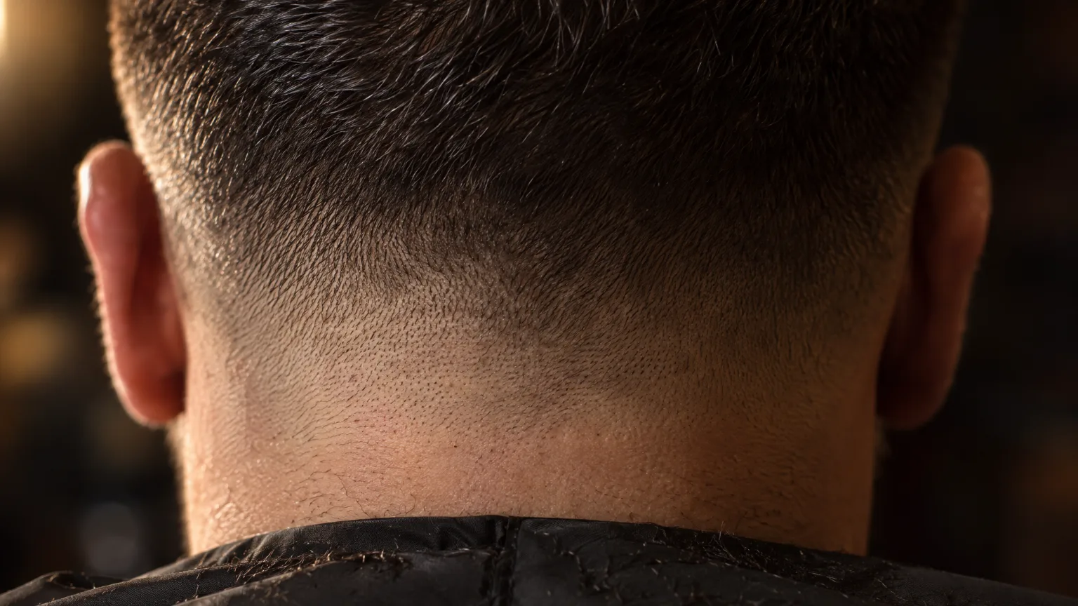 The back of a man's head after a fresh skin fade, dark hair graded down to the skin at the neckline under a raking light