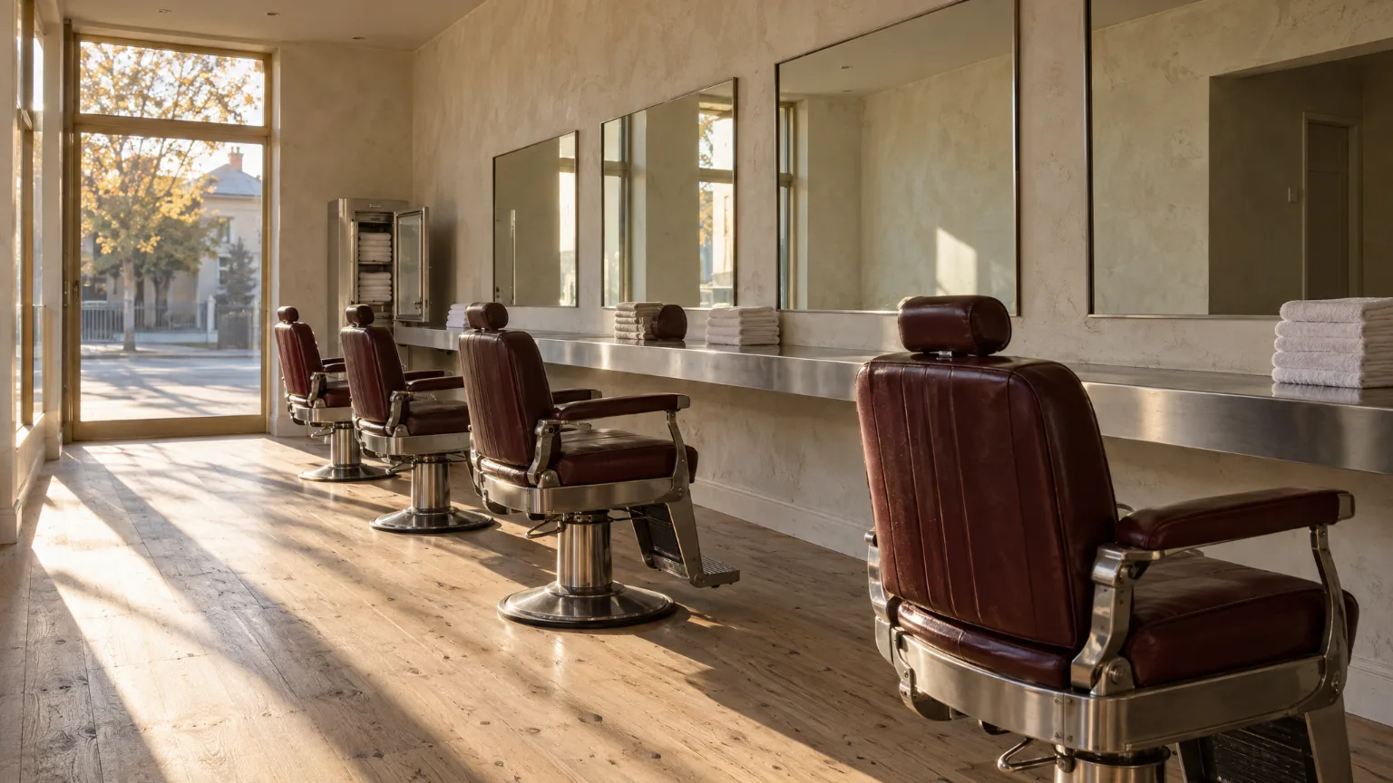 Four empty oxblood leather chairs in a row along the mirror wall, morning sun across the floor