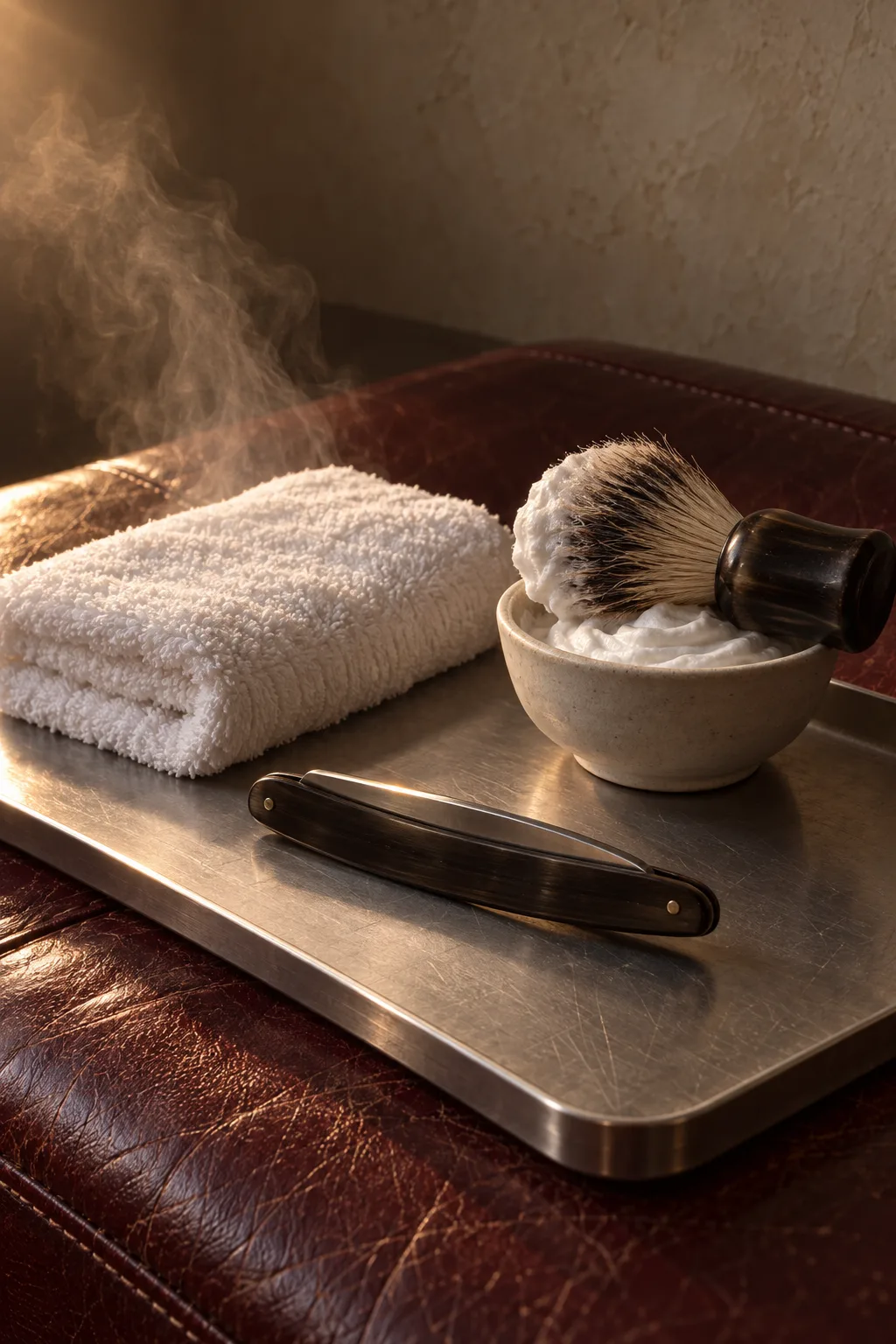 A folded hot towel steaming on a steel tray beside a closed razor and a bowl of lather