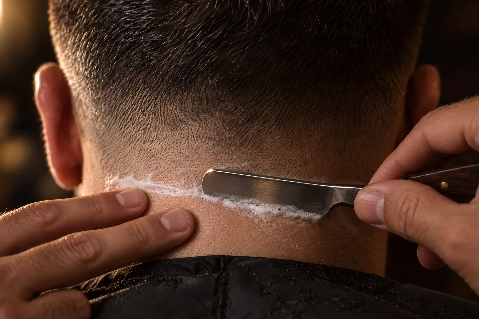 A straight razor squaring the neckline under a skin fade, a thin line of lather along the edge