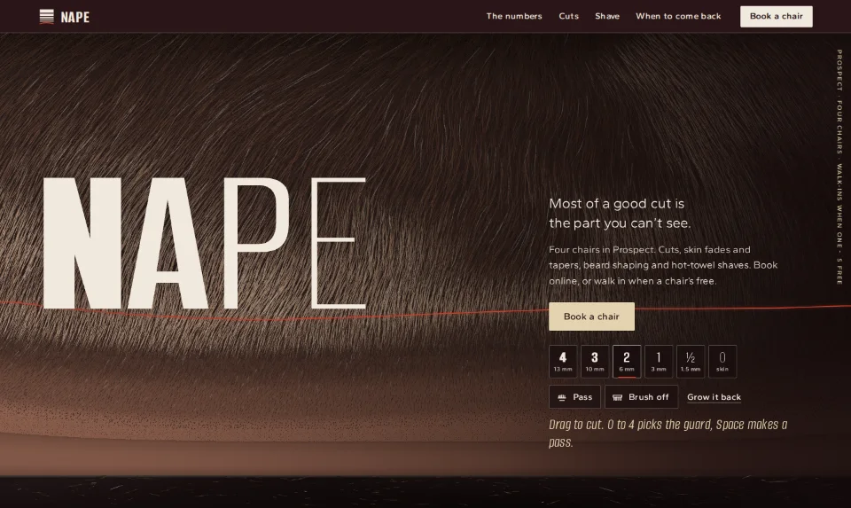 The front page: live hair lit from the left with a fade cut into it, under the name Nape graded heavy to thin