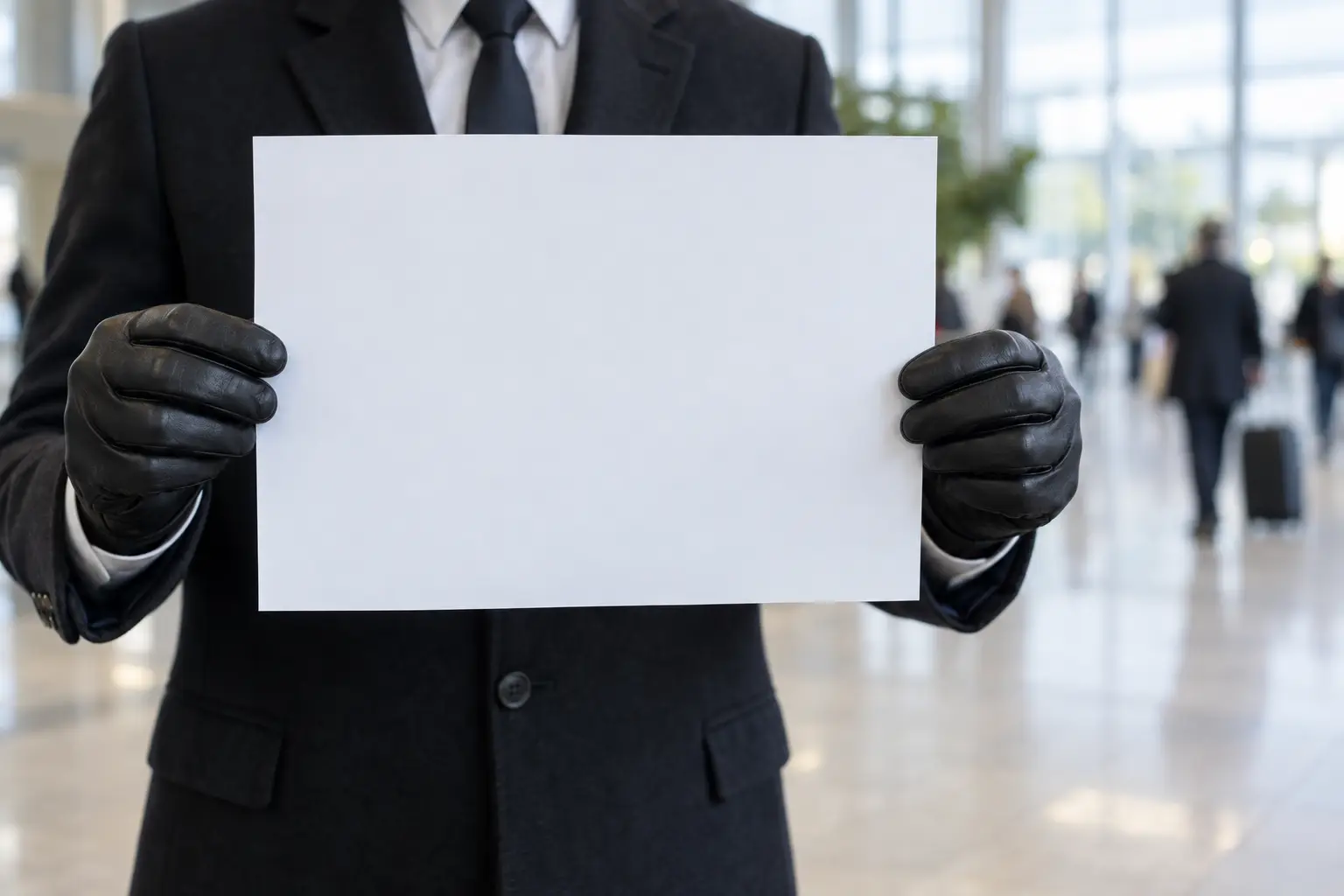 Your driver in the arrivals hall, holding up a white card with your name on it in gloved hands.