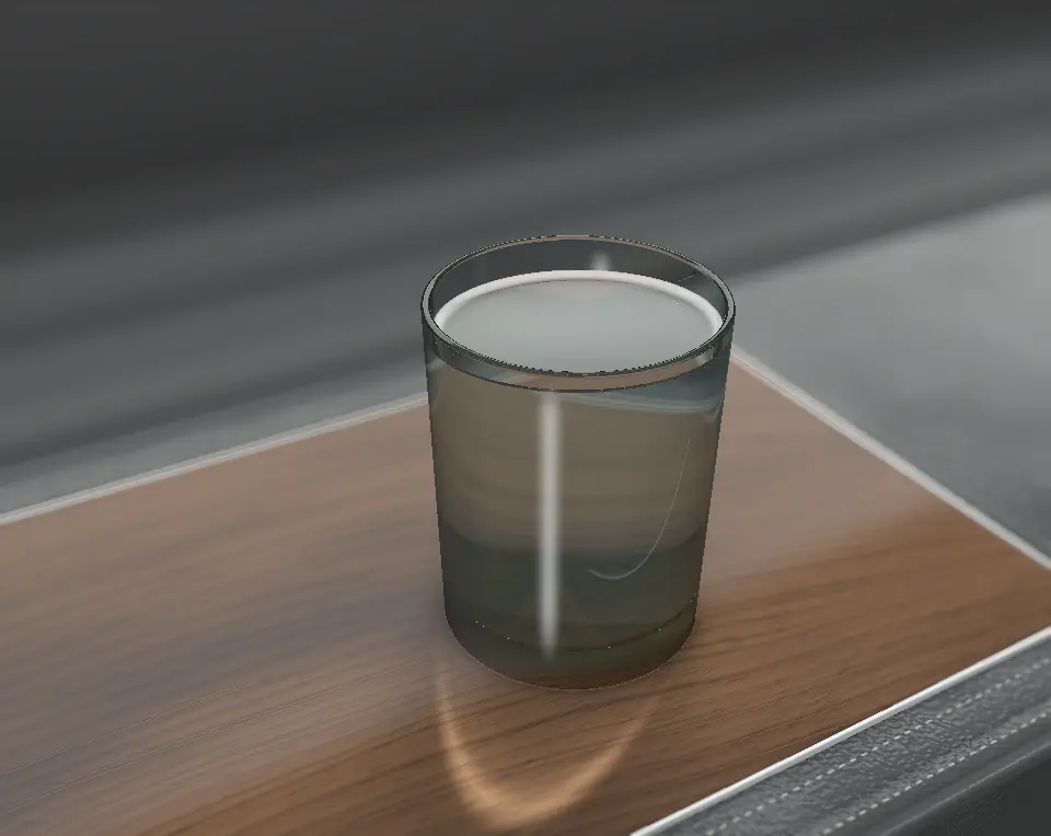 A tumbler of water leaning as the car pulls away, on the walnut lid of a dark leather armrest in the back of the car.