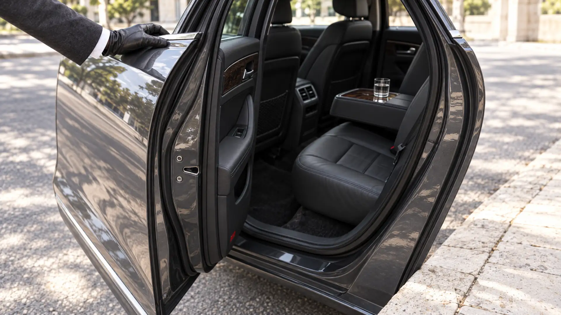 The back door of one of our cars held open at a pale stone kerb by a gloved hand, and inside, a glass of water on the armrest.