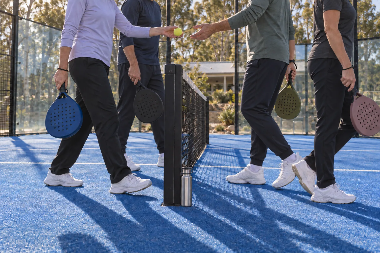 Four players changing ends at the padel net, seen from the waist down, one handing a ball across.