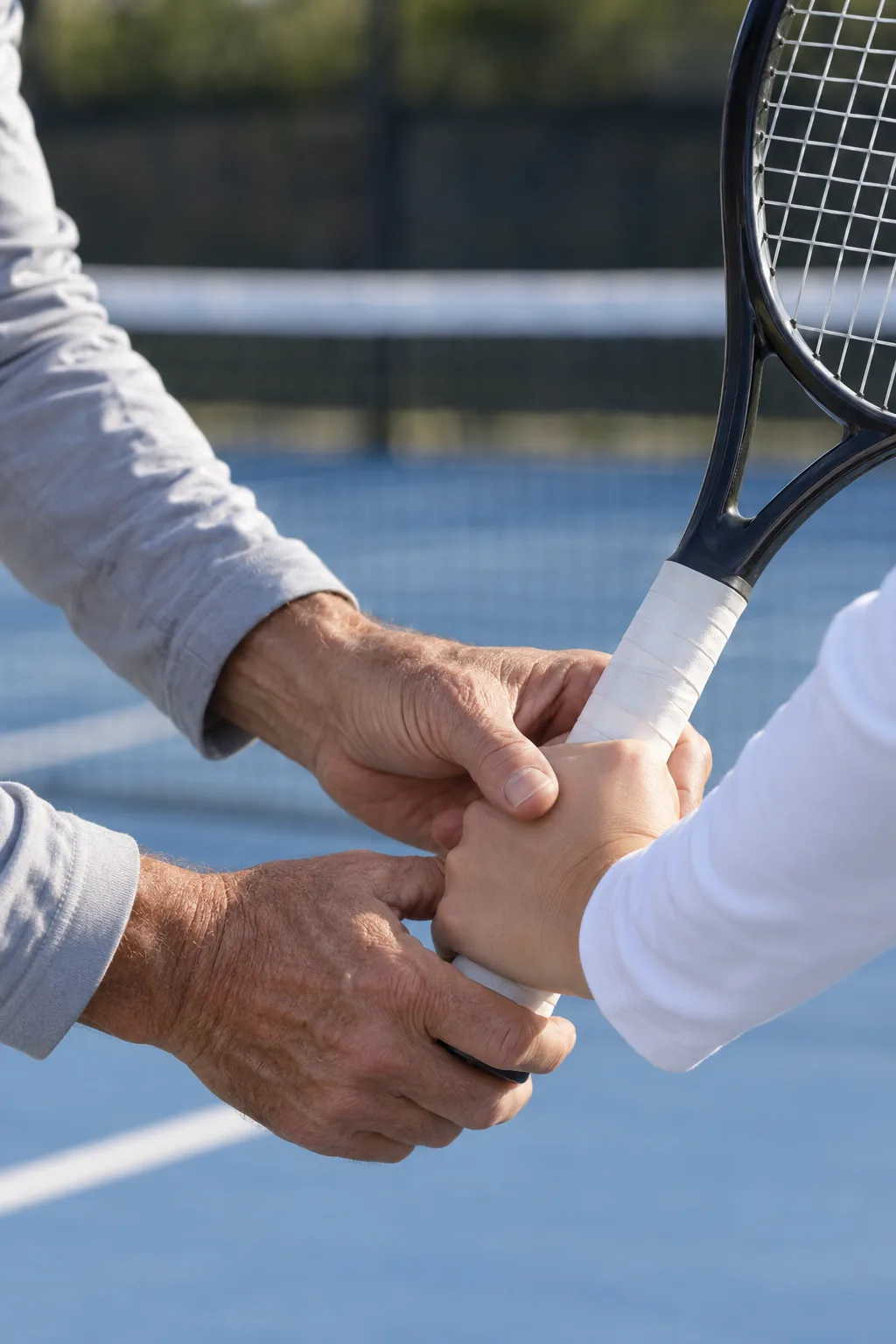 A coach's hand turning a learner's grip on a racquet handle, the net blurred behind.