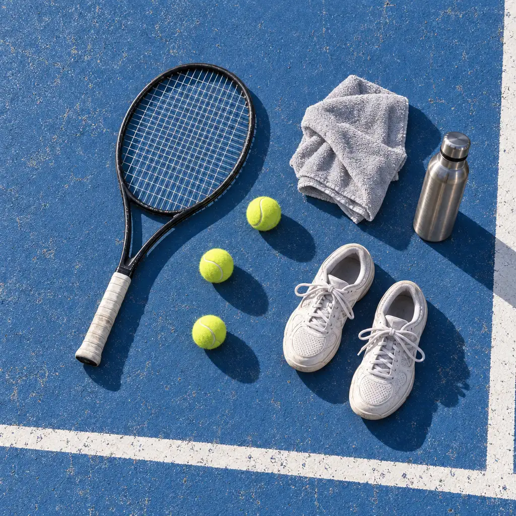 A racquet, three balls, a towel, a water bottle and court shoes dropped by the baseline.