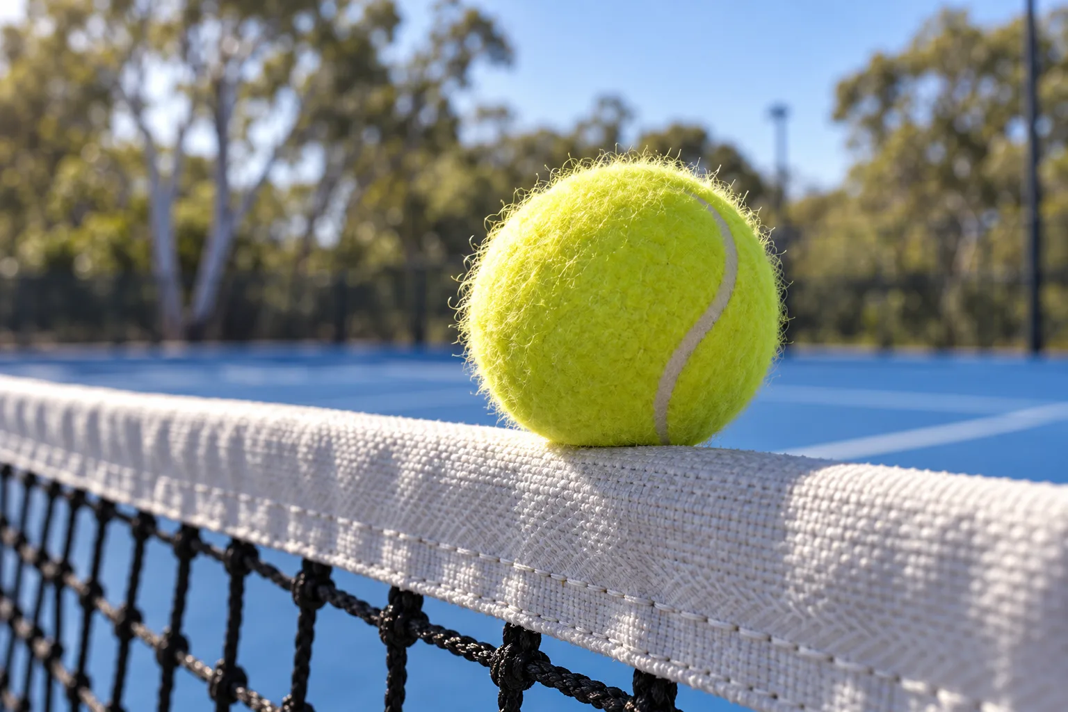 A yellow ball caught on the white tape of the net, the blue court soft behind it.