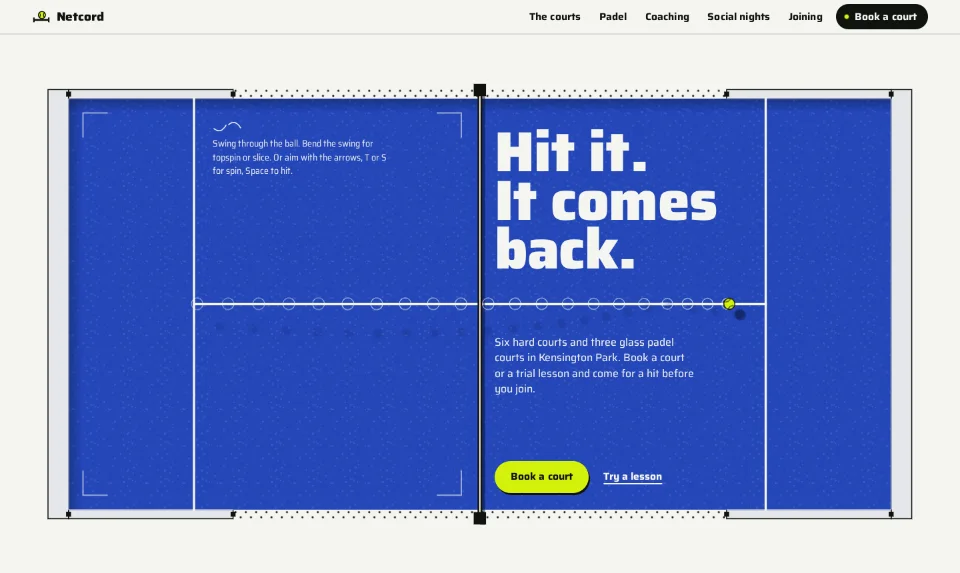 The front page: a blue padel court in plan, a yellow ball in flight and the headline stretched wide