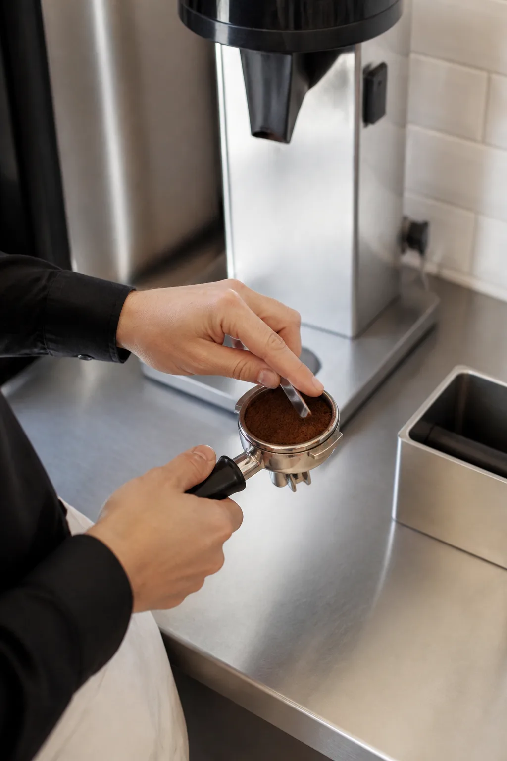 A cafe worker&rsquo;s hands levelling ground coffee in a portafilter under the grinder.