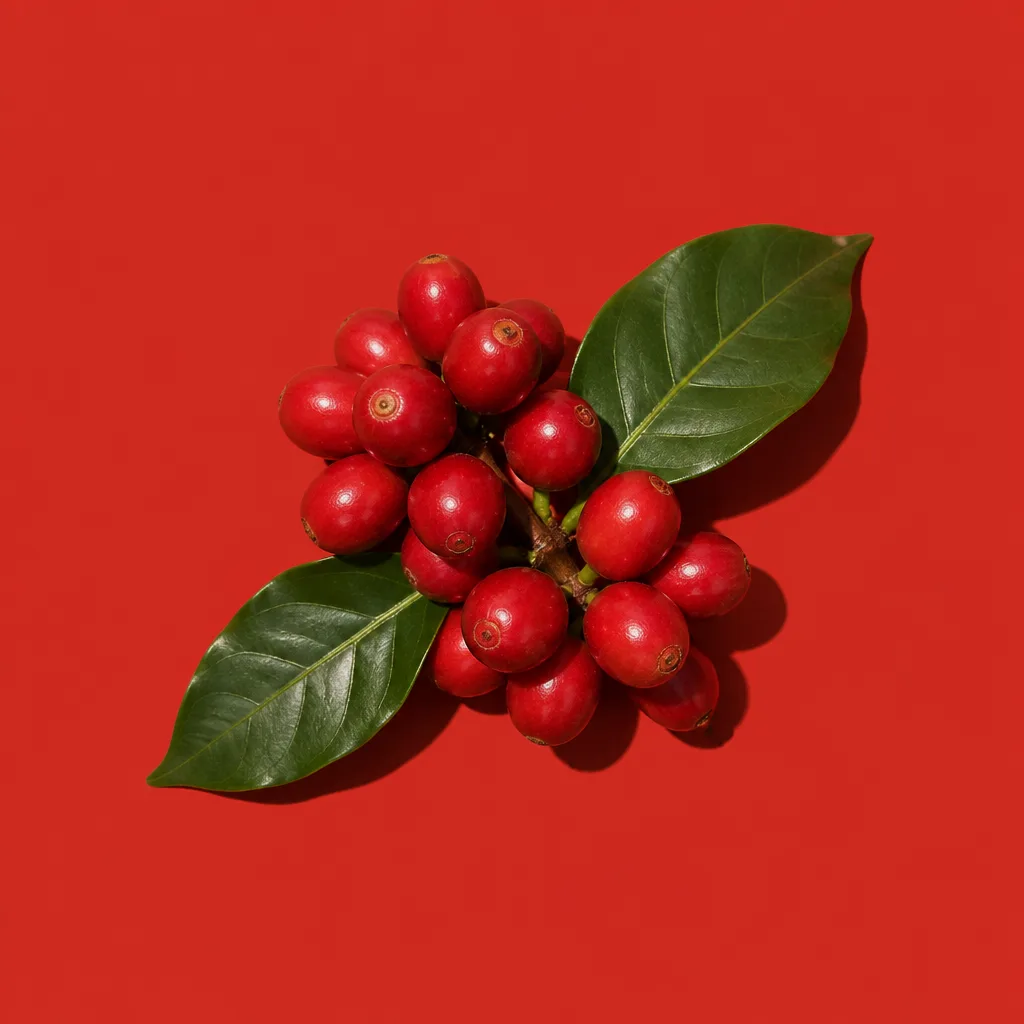 Ripe red coffee cherries on a branch against a red ground.