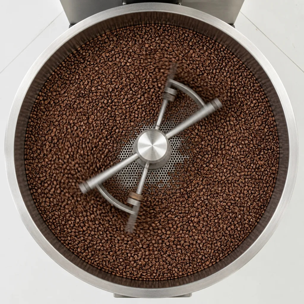 Freshly roasted beans turning in a roaster&rsquo;s round steel cooling tray.