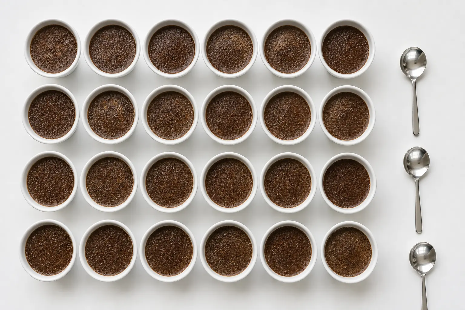A cupping table: rows of white bowls of ground coffee and three silver spoons.