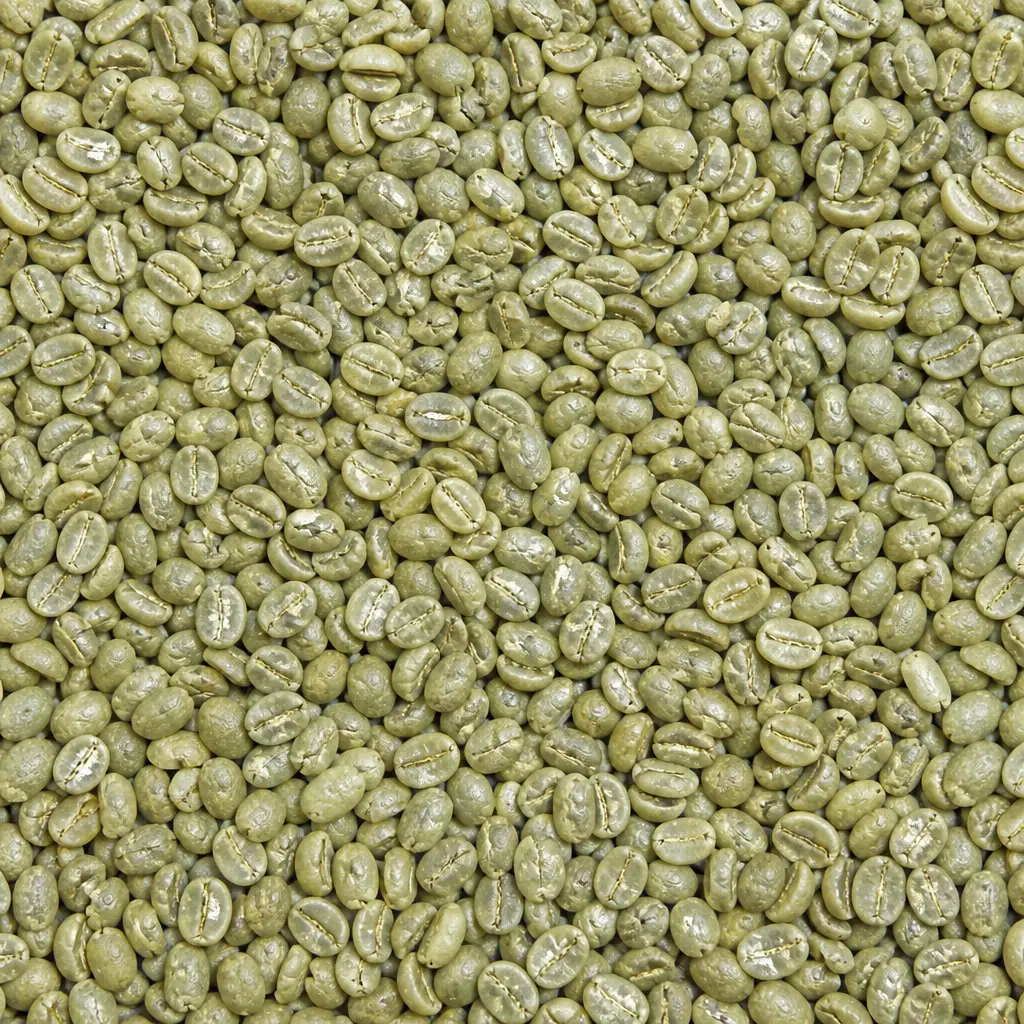 Raw green coffee beans spread edge to edge in window light.