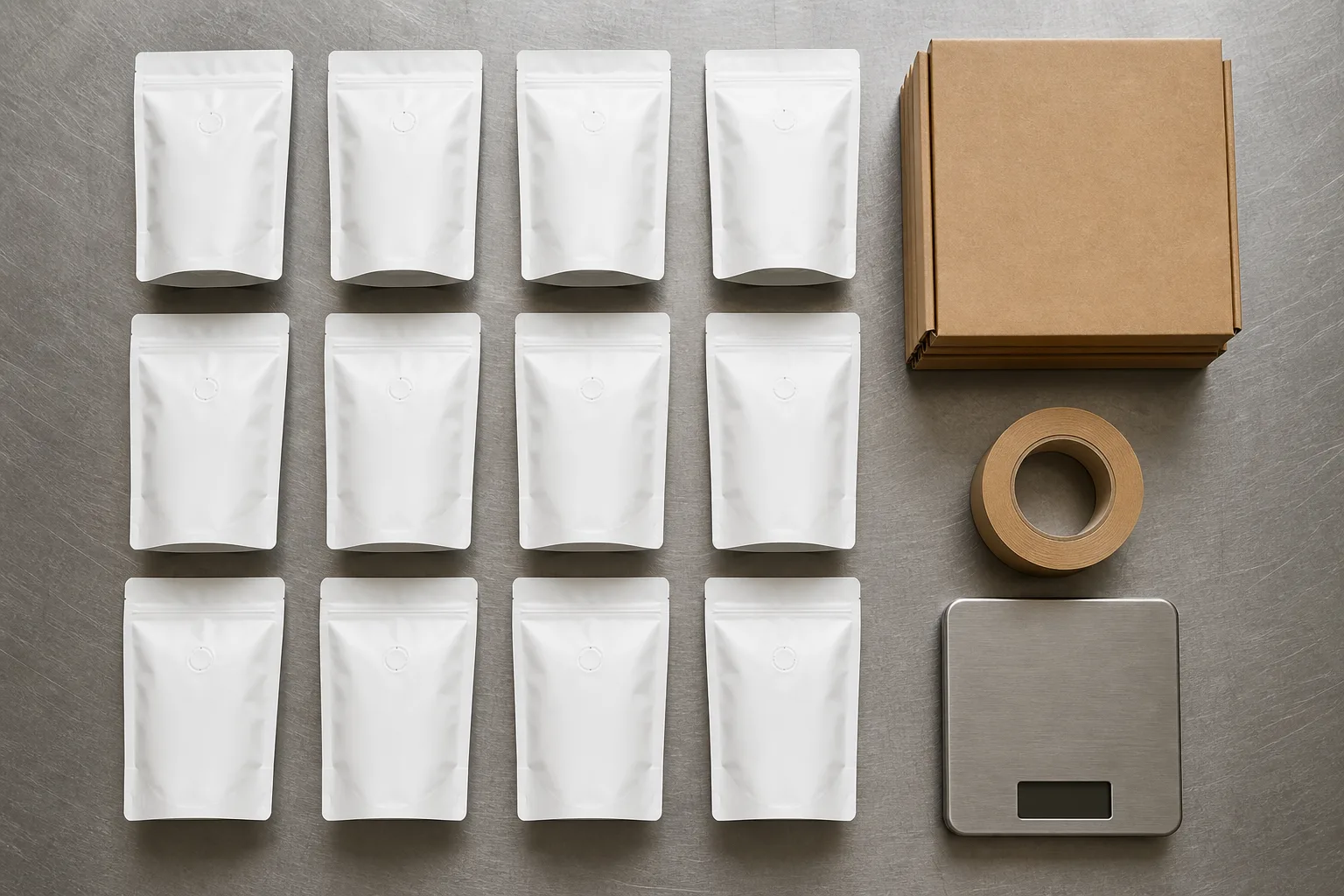 Tuesday&rsquo;s packing bench: plain white coffee bags, mailer boxes and a scale.