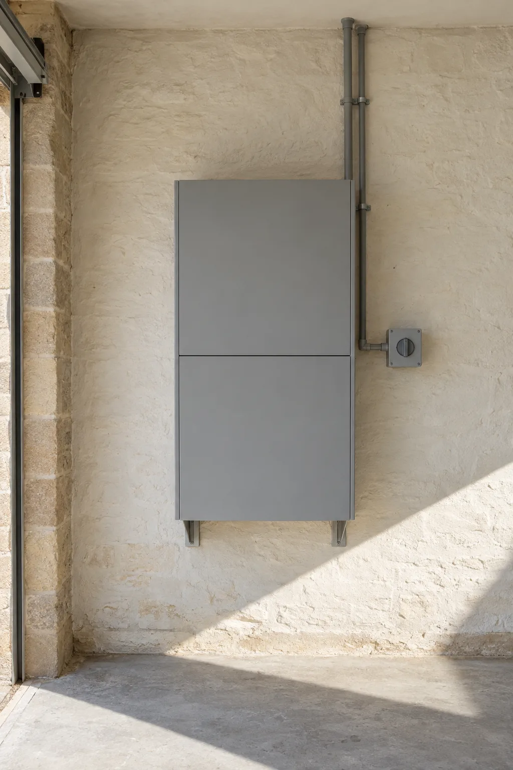 A square stone-grey battery cabinet on a limewashed garage wall, conduit running square to an isolator, noon light across the floor