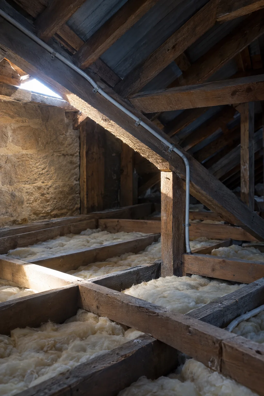 Grey conduit clipped along a rafter in the roof space, a blade of noon light across it