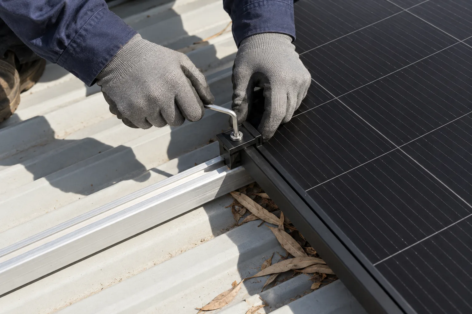 Gloved hands checking a panel clamp with a hex key, dry gum leaves caught at the panel&rsquo;s edge