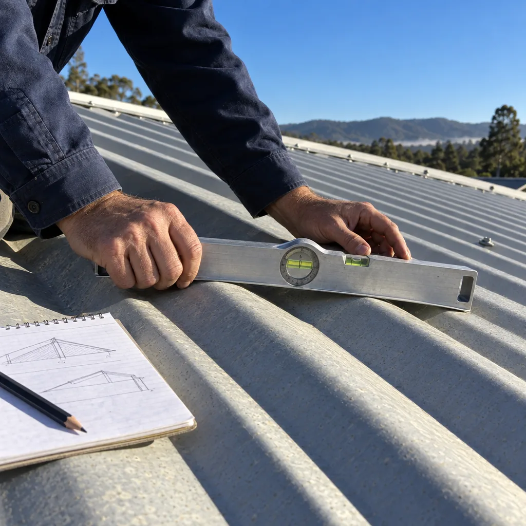 Hands setting a level on the roof&rsquo;s ridge in low morning light, a notebook of roof sketches beside them
