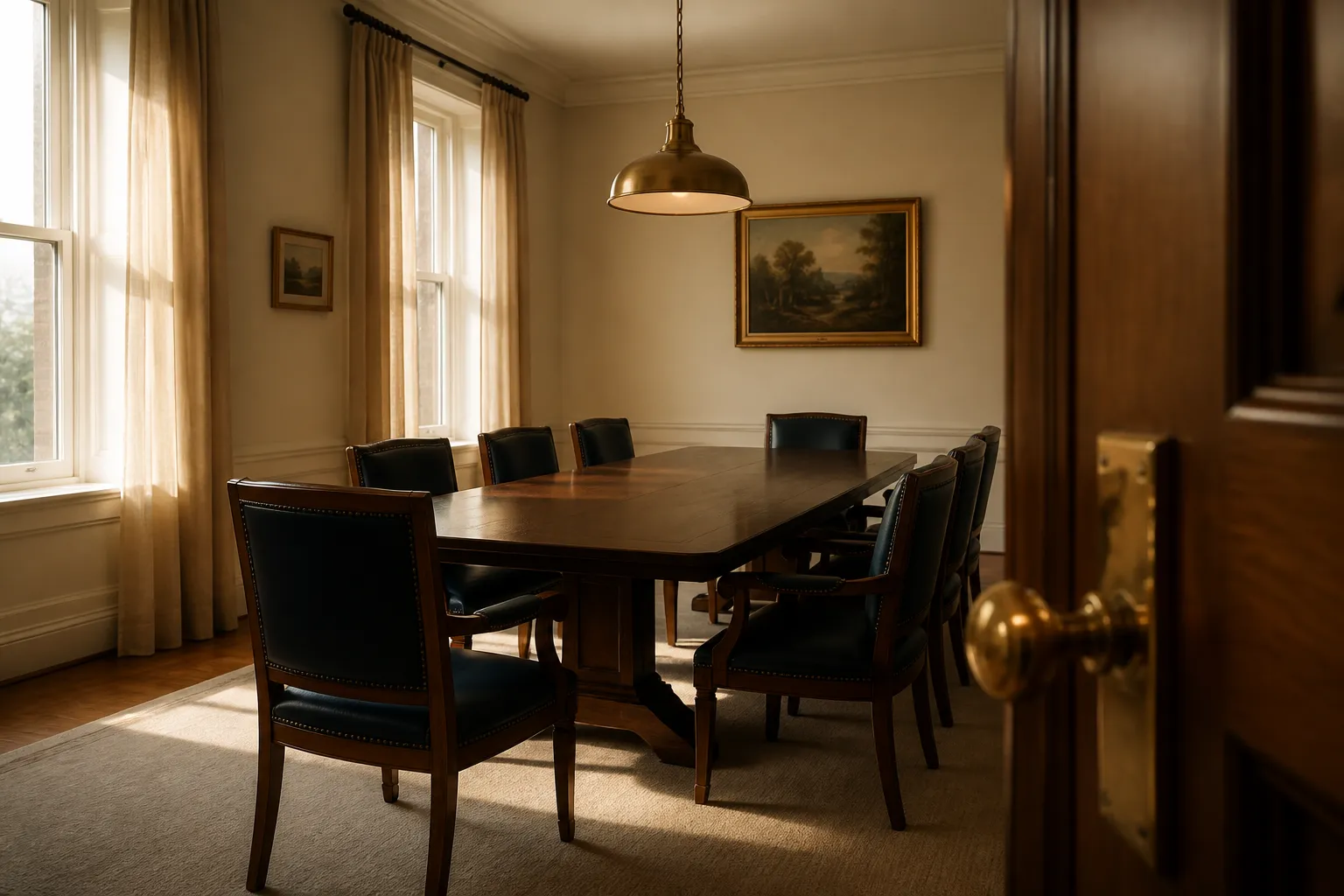An empty boardroom with a dark timber table, ink-blue leather chairs and a brass pendant lamp in warm afternoon light