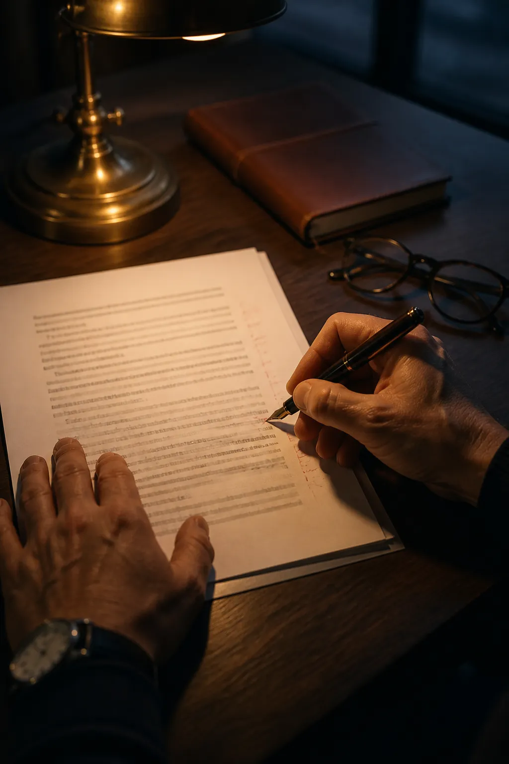 Hands marking up a printed contract in red ink under a brass desk lamp at dusk