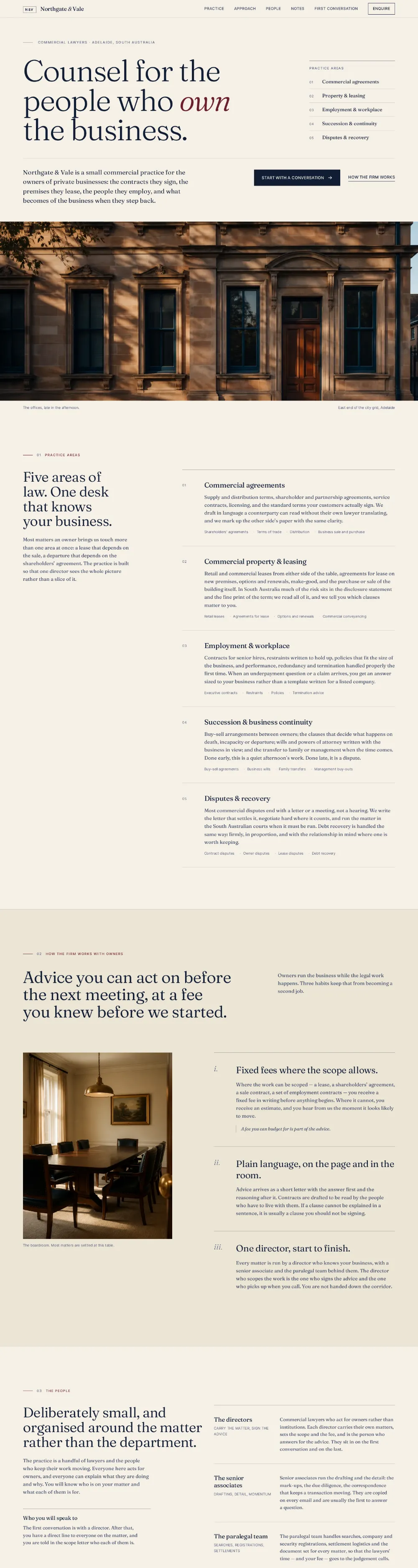 Northgate & Vale website — 'Counsel for the people who own the business' beside a list of five practice areas, in serif type on warm paper